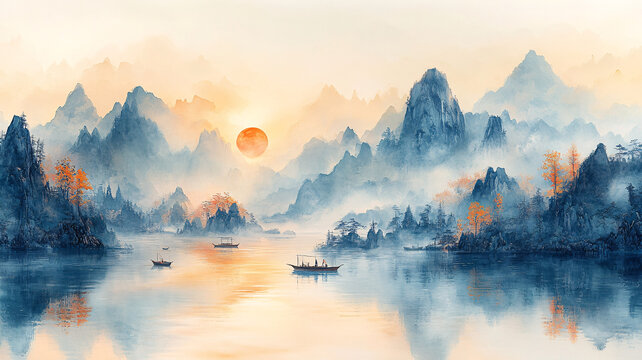 山水湖面小舟圖
