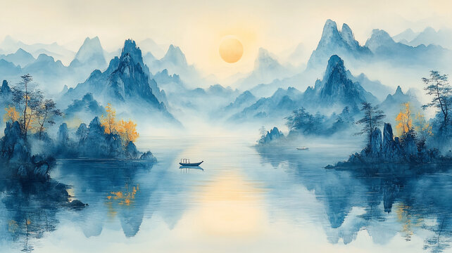 山水湖面小舟圖