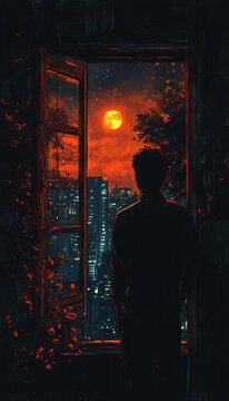 夜晚窗前身影