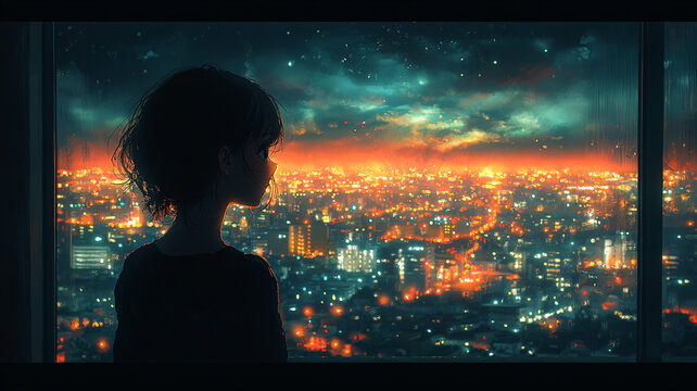 女孩凝望夜空