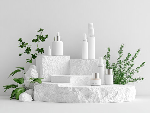 白色化妝品陳列架與綠色植物