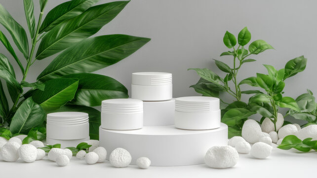 綠色植物環(huán)繞的護(hù)膚品展示