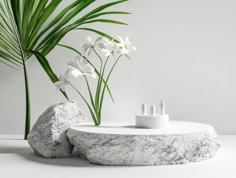 白色化妝品展示臺與熱帶植物