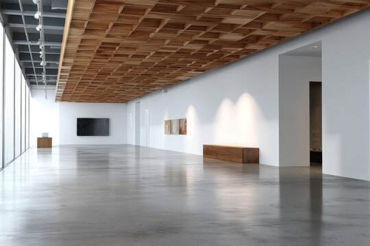 現(xiàn)代空曠美術(shù)館展廳木質(zhì)天花板