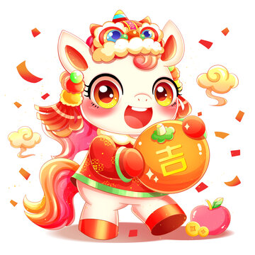 新年春節(jié)抱桔子的小馬插畫
