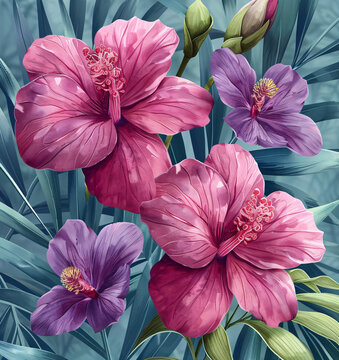 粉色蘭花綠葉圖案