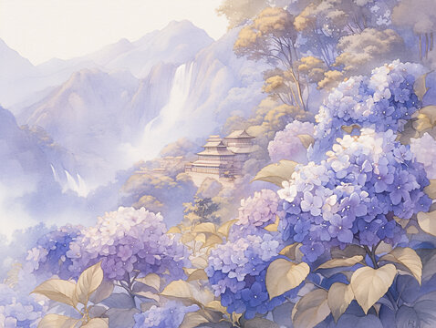 山城水瀑與繡球花