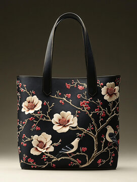 木蘭花鳥(niǎo)刺繡托特包