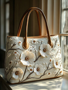 奶油白花朵刺繡托特包