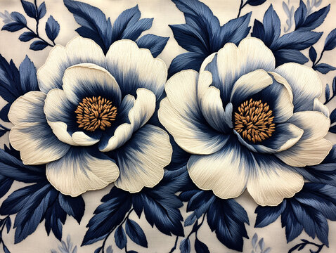 白線牡丹刺繡圖案