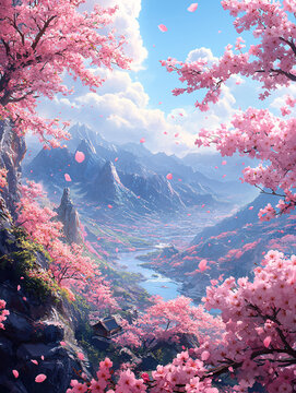 櫻花飄落山水間