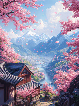 櫻花飄落山水間