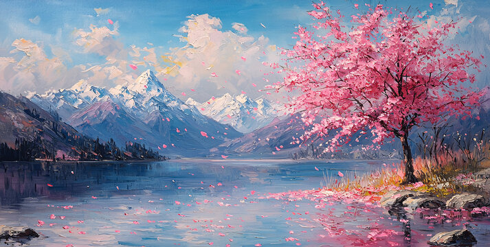 櫻花樹湖畔雪峰