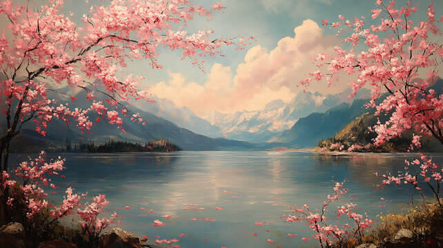 櫻花湖景圖