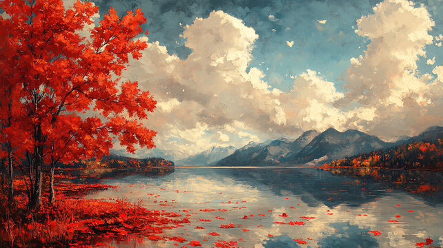 紅葉浮云山水畫