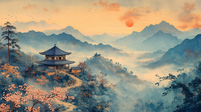 山徑櫻花暮色寺廟