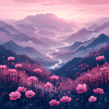 粉花遠(yuǎn)山云霧圖