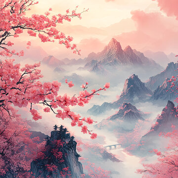 粉花遠(yuǎn)山云霧圖
