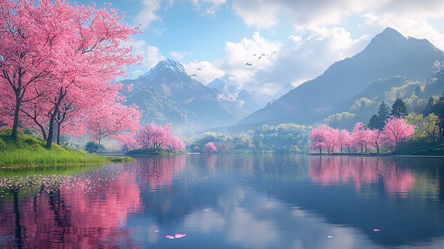 湖畔櫻花映山色