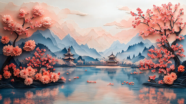 櫻花湖景剪紙圖