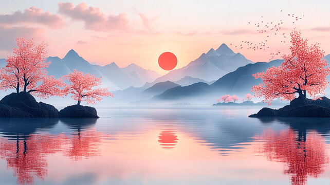 櫻花湖景剪紙圖