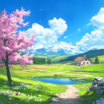 桃花碧波田園風(fēng)光