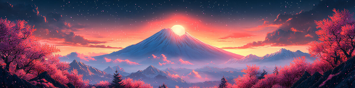 櫻花盛開山景圖