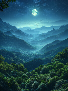 春夜山景月鳥圖
