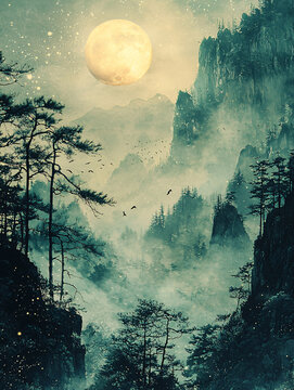 春夜山景月鳥圖