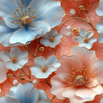 藍粉白花紅底浮雕