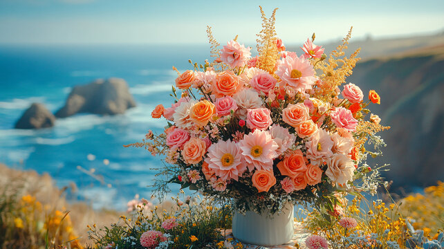 海邊桌上的花束