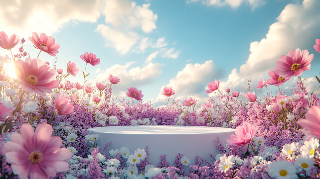 白色講臺與花海背景
