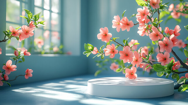 白色圓形展臺與桃花