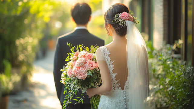 亞洲情侶婚禮背影