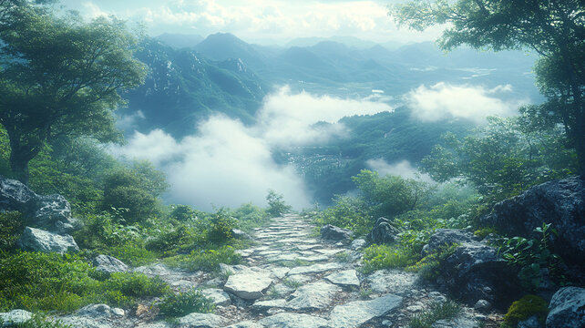 登山至頂，俯瞰森林與道路