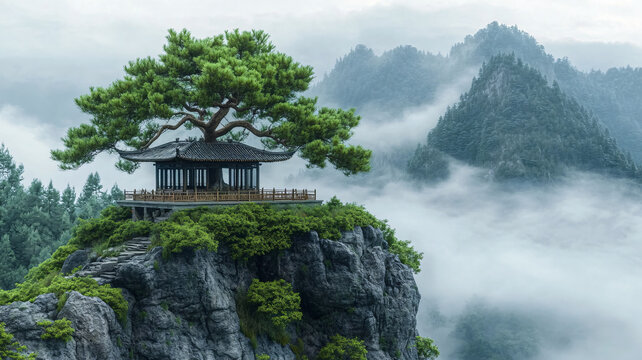 山頂平臺(tái)古樹寺廟