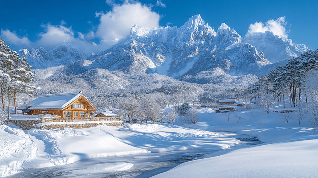 雪中寺廟與山峰