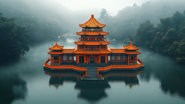 湖中建中式亭子