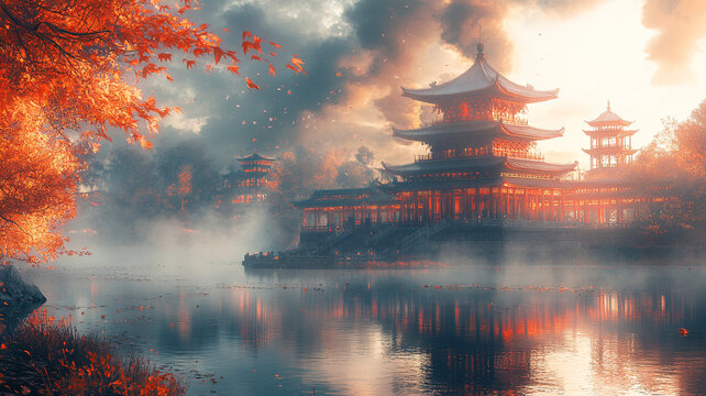 湖中建中式亭子的城市景觀