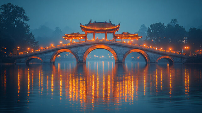 夜晚燈火輝煌的拱形橋夜景