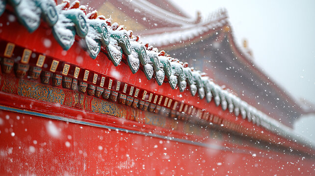 紅墻黃瓦古建筑雪景