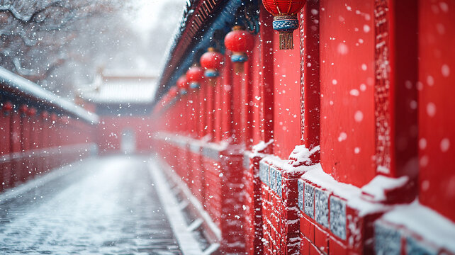 紅墻黃瓦古建筑雪景