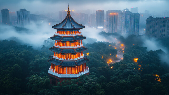 綠樹(shù)環(huán)繞中的多層古建筑塔樓全景