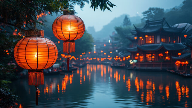 古亭燈火映河面游船賞燈夜景如畫