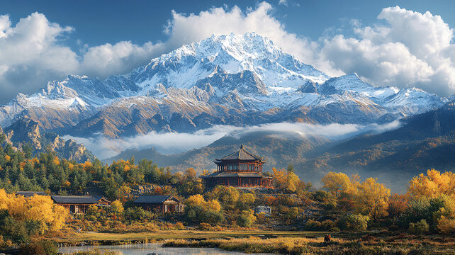 雪山下的中式建筑