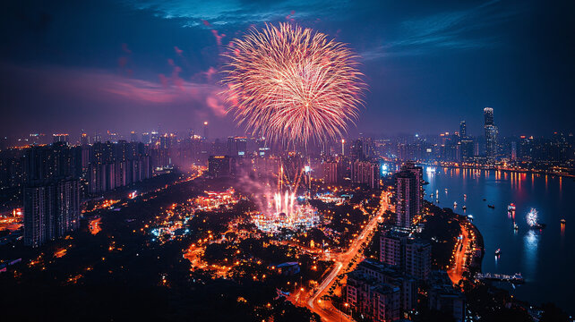 城市煙火夜景