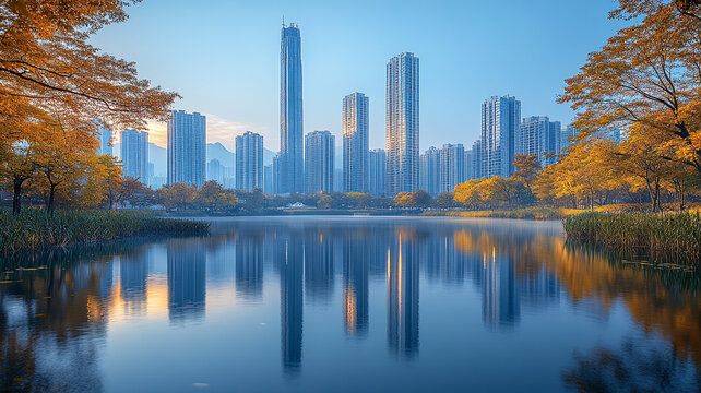 城市道路邊的摩天大樓全景
