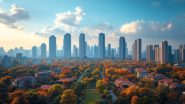 城市道路邊的摩天大樓全景
