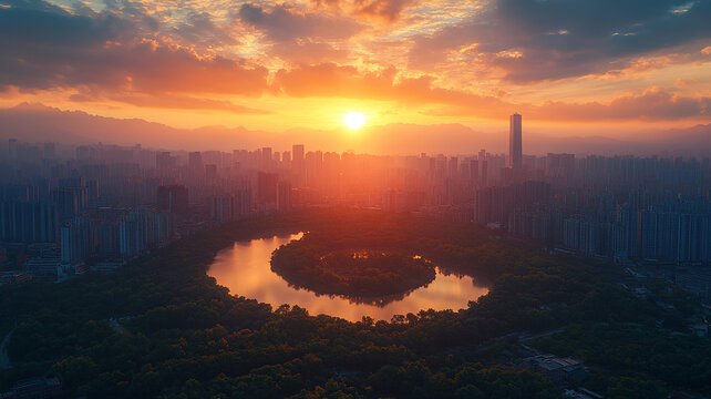 晨曦中的城市全景鳥瞰圖