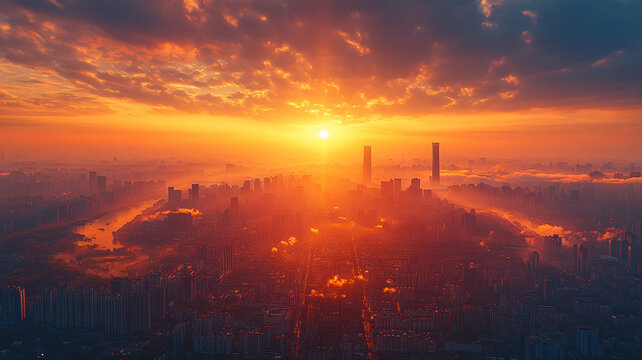 晨曦中的城市全景鳥瞰圖